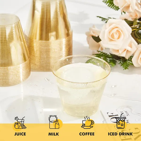 100‑Pack 9oz Heavy‑Duty Disposable Gold Glitter Plastic Tumbler Cups, Clear Party Drink Cups for Wedding and Holiday Events
