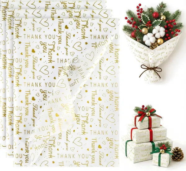 Aeelleea Gold White Gift Tissue Paper, 20×14 Inch 100 Sheets, Thank You Decorative Wrapping Paper for Gift Bags, Birthday Christmas Party Decor