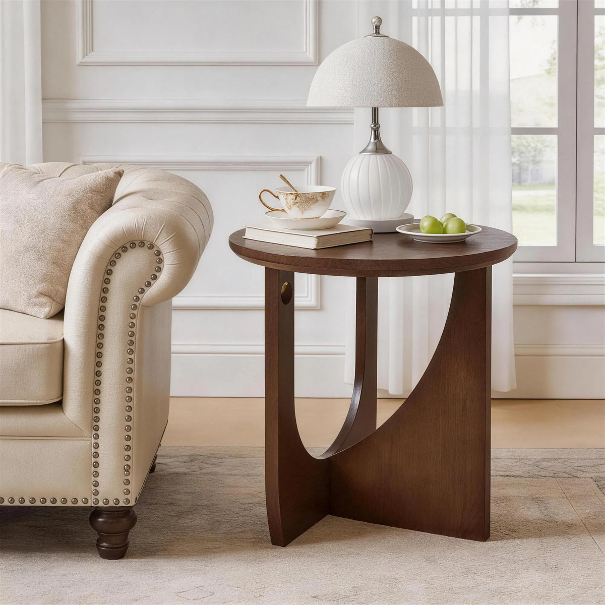 100% Solid Wood Side Table, Walnut Natural Wooden End Table, Rustic Oval Accent Table with Rounded Corners for Living Room Bedroom Balcony