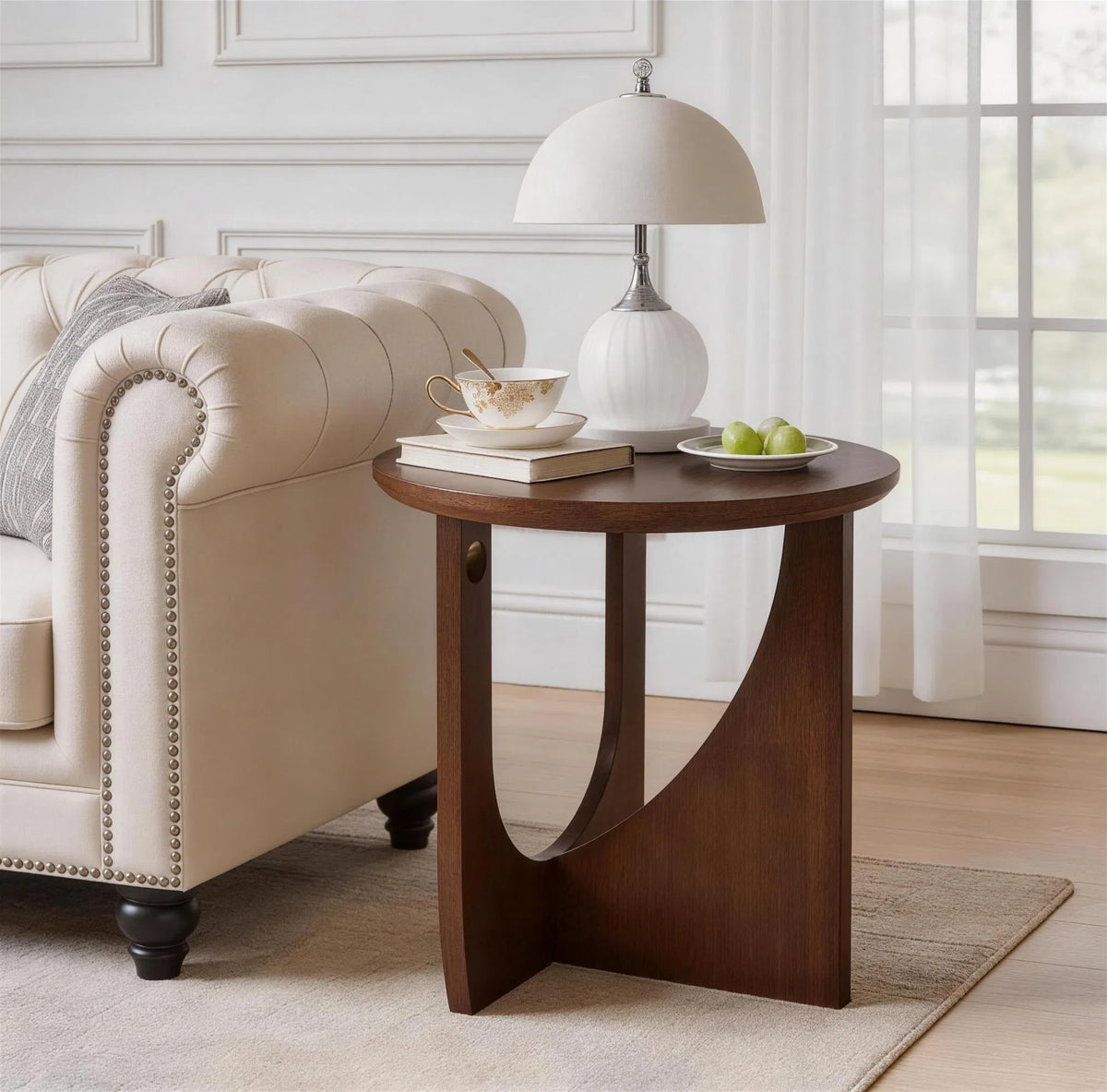 100% Solid Wood Side Table, Walnut Natural Wooden End Table, Rustic Oval Accent Table with Rounded Corners for Living Room Bedroom Balcony