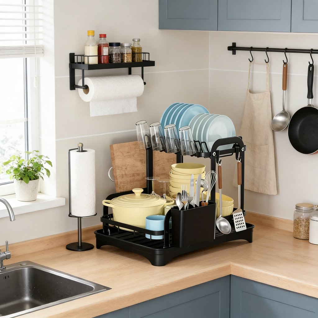 Large Dish Drying Rack - Stainless Steel Metal Dish Drying Rack for Kitchen Counter and Sink,2 Tier Dish Drainer with Drainboard,Black Kitchen Storage Rack with Cups Holder and Utensil Holder