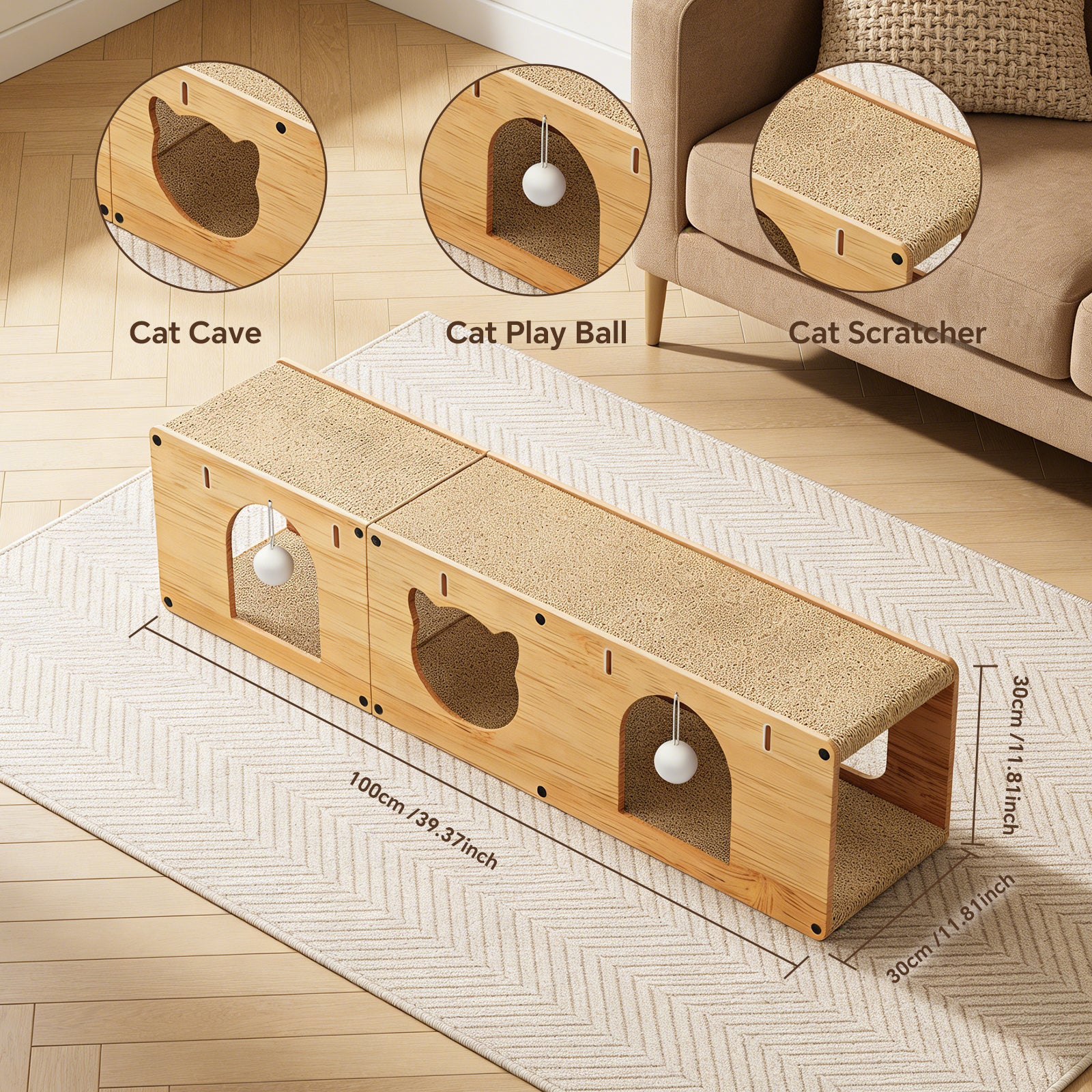 Cat Scratcher for Indoor Cats, L-Shaped Cat Scratching Pad with Tunnel, Interactive Cat Toy, Scratch Board for Furniture Protection