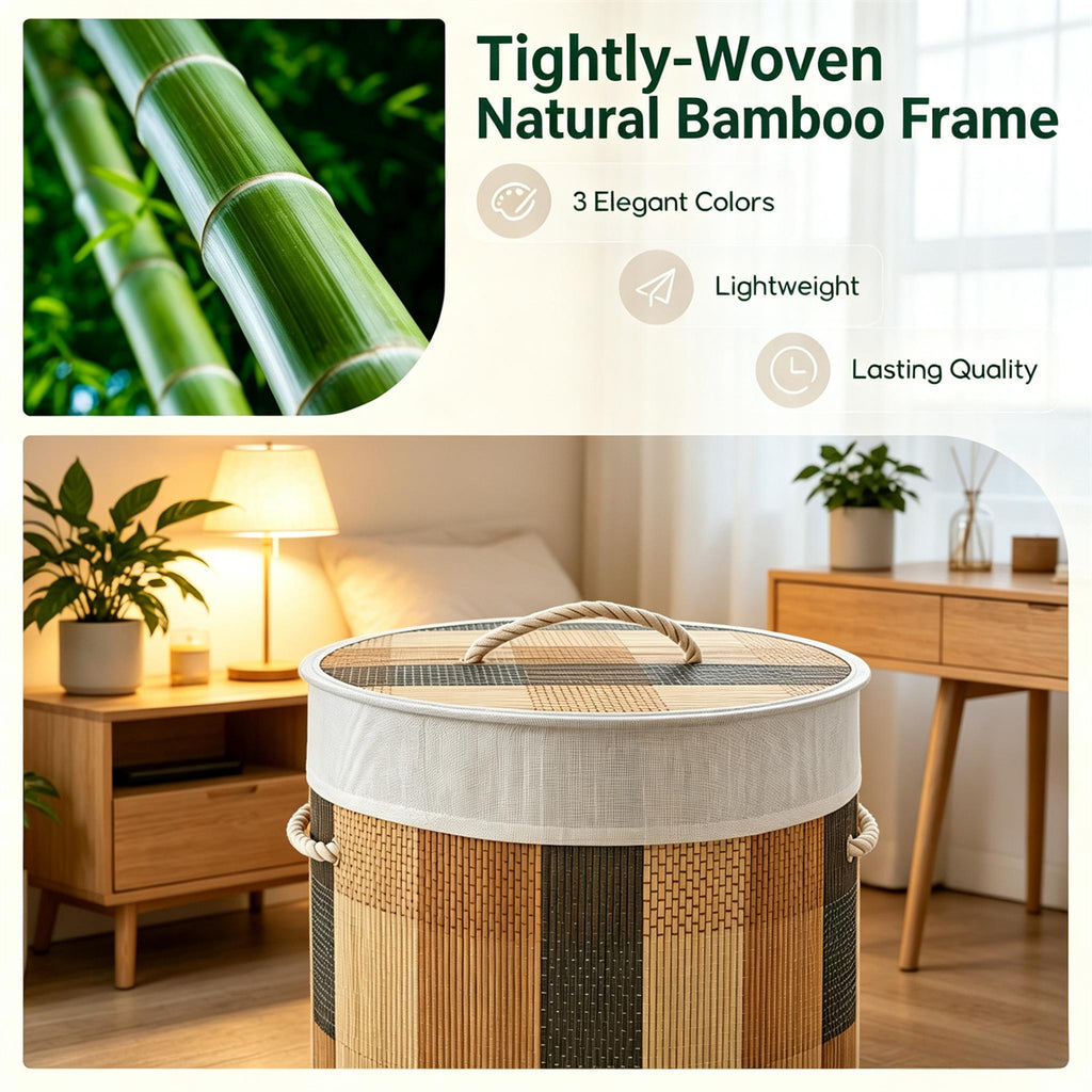 13.2 Gallon Bamboo Laundry Hamper with Lid, Collapsible Woven Clothes Basket with Side Handles & Removable Liner for Bathroom Nursery