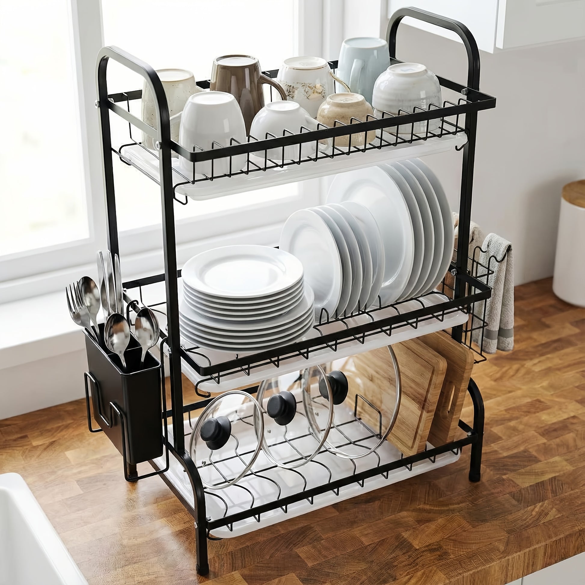 3-Tier Dish Drying Rack with Drain Tray & Utensil Holder, Kitchen Countertop Organizer for Plates, Bowls, Cups & Cutlery Storage