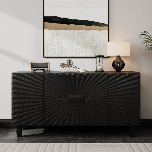 AEELLEEA 59" Black Sideboard Buffet Cabinet with 4 Sunburst Textured Doors, Modern Storage Credenza with Shelves for Living Room