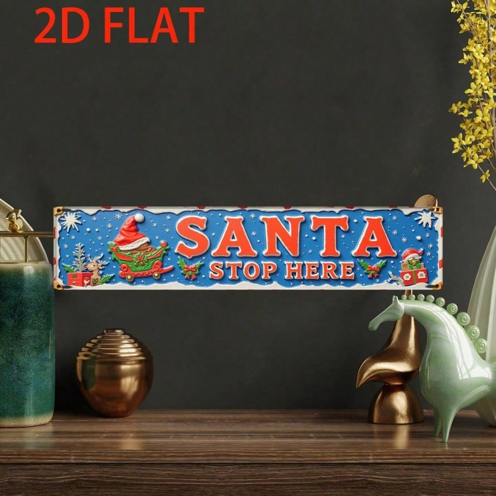 AEELLEEA-Santa Stop Here Christmas Metal Sign, 2D Flat Printed Holiday Tin Plaque, Waterproof Aluminum Wall Decor