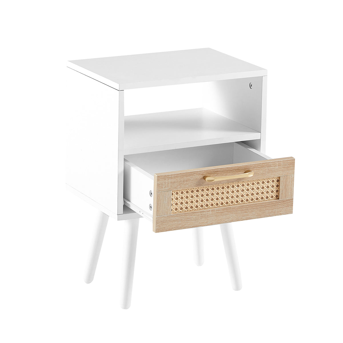 AEELLEEA- Rattan Side Table, Rectangle White End Table with Solid Wood Legs, MDF Frame, 120lbs Load Capacity