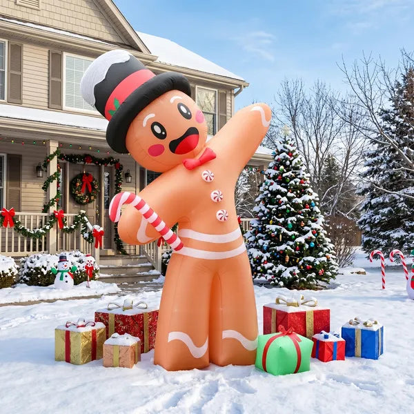 10.6FT Gingerbread Man with Gift Box Inflatable, 190D Polyester Christmas Decor with Built-in LED Lights for Yard Lawn