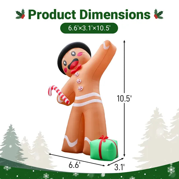 10.6FT Gingerbread Man with Gift Box Inflatable, 190D Polyester Christmas Decor with Built-in LED Lights for Yard Lawn