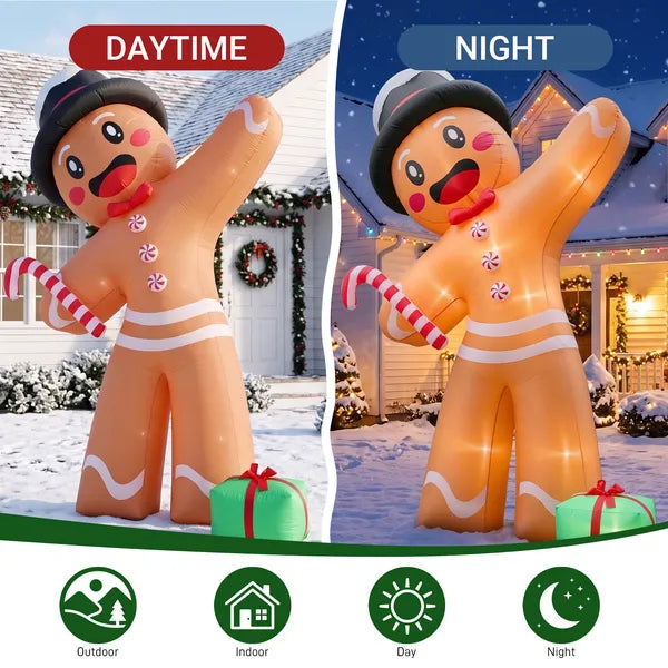 10.6FT Gingerbread Man with Gift Box Inflatable, 190D Polyester Christmas Decor with Built-in LED Lights for Yard Lawn
