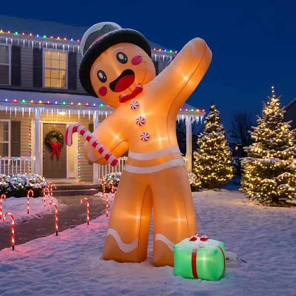 10.6FT Gingerbread Man with Gift Box Inflatable, 190D Polyester Christmas Decor with Built-in LED Lights for Yard Lawn