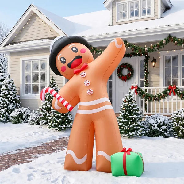 10.6FT Gingerbread Man with Gift Box Inflatable, 190D Polyester Christmas Decor with Built-in LED Lights for Yard Lawn