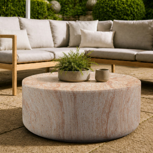 AEELLEEA Round Coffee Table, Beige Stone-Look Modern Low Table, 31.89-Inch Wide