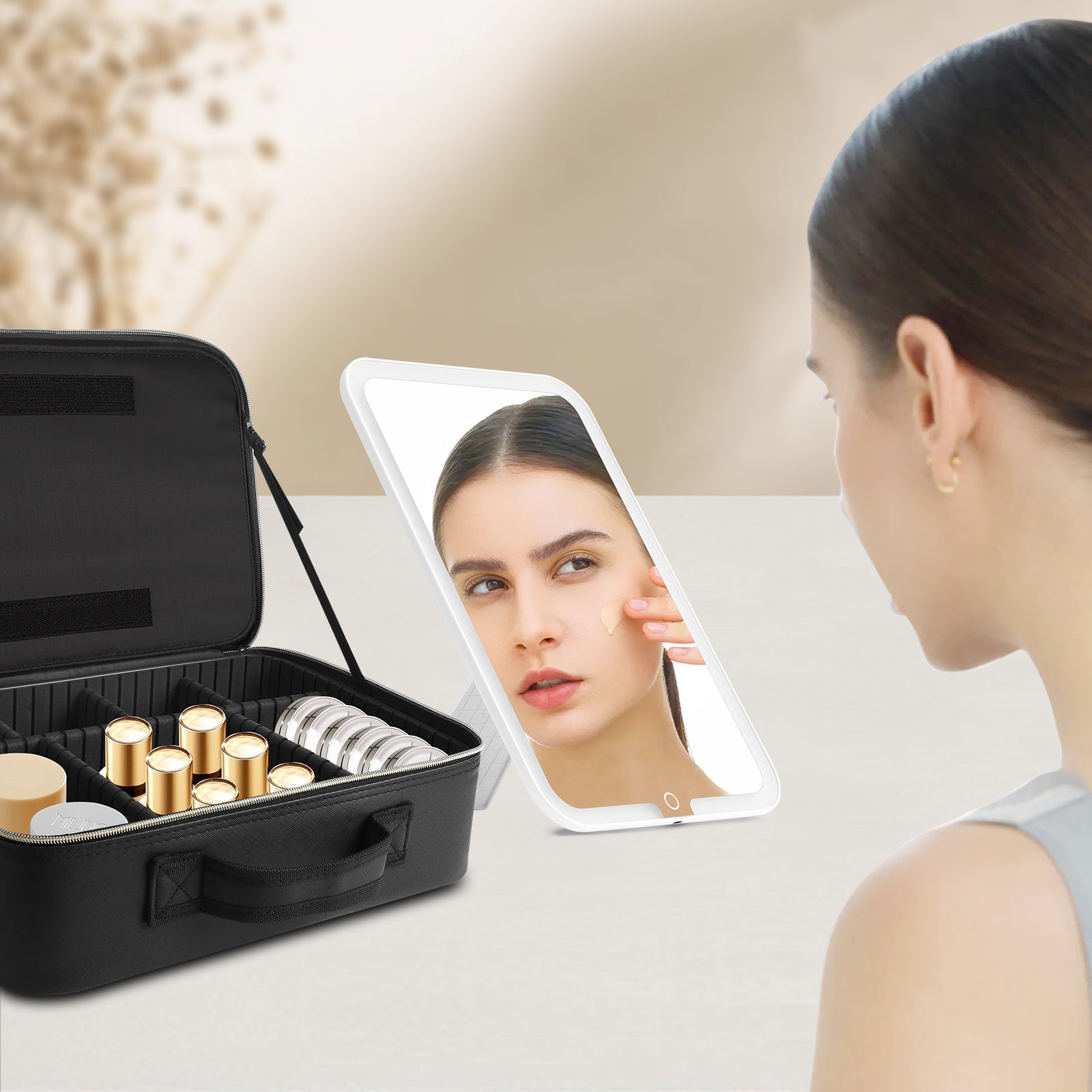 15" Lighted Makeup Organizer 3Color Mirror Adjustable Dividers Travel Ready