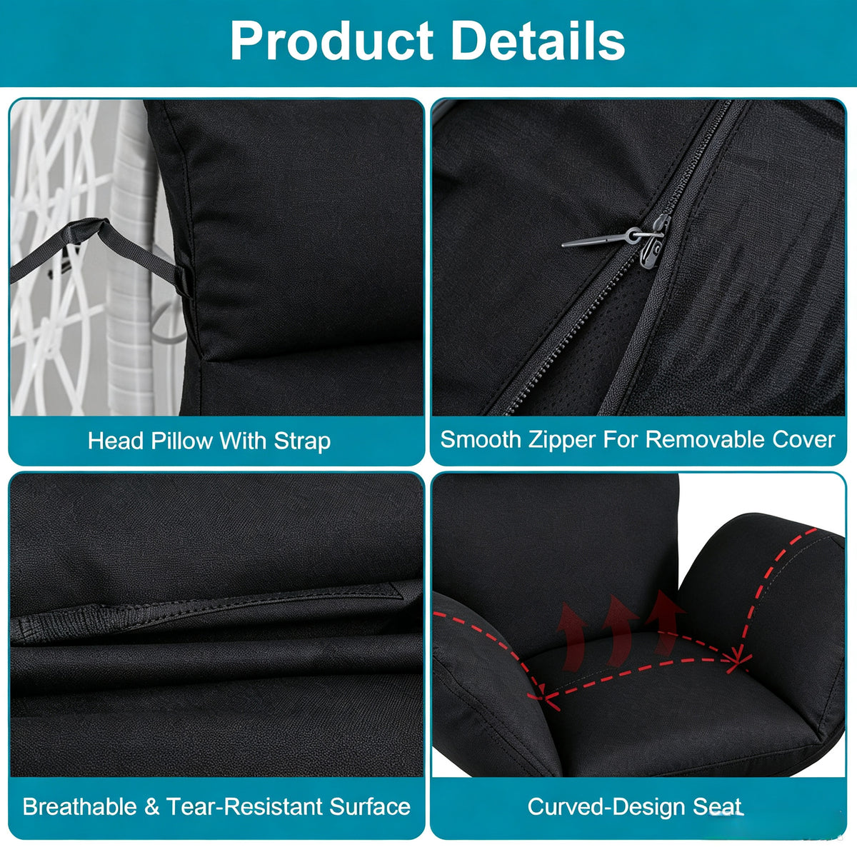 Hanging Egg Chair Cushion with Head Pillow, Thick Hollow Cotton Replacement Pad, Removable Washable Polyester Cover for Indoor Outdoor Wicker Swing Chair