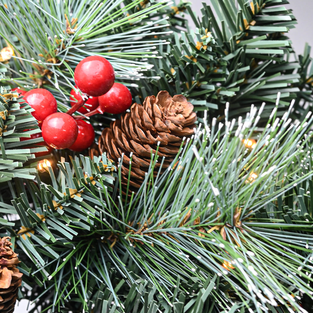 25" Pre-Lit Christmas Wreath with 70 Warm White LED Lights, Battery Operated Pine Needle Wreath with Berries & Pine Cones for Front Door.