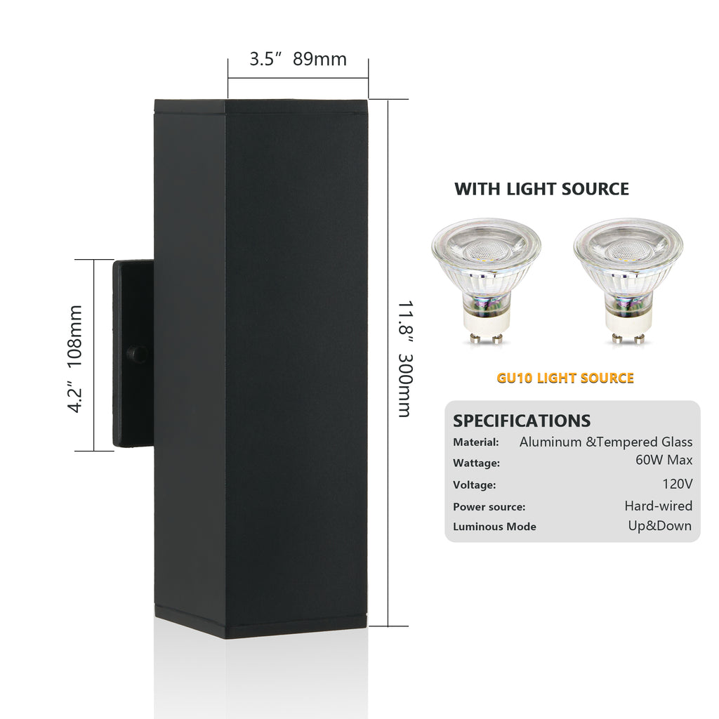 Modern Up & Down Wall Sconce, Black Aluminum & Tempered Glass Wall Light with GU10 Bulbs Included, Hardwired 120V 60W Max