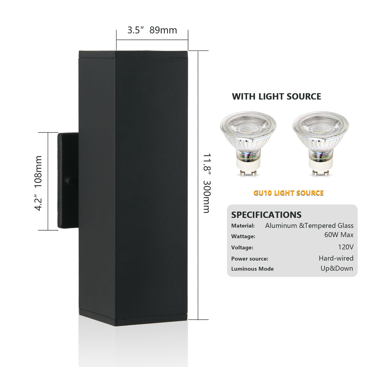 Modern Up & Down Wall Sconce, Black Aluminum & Tempered Glass Wall Light with GU10 Bulbs Included, Hardwired 120V 60W Max