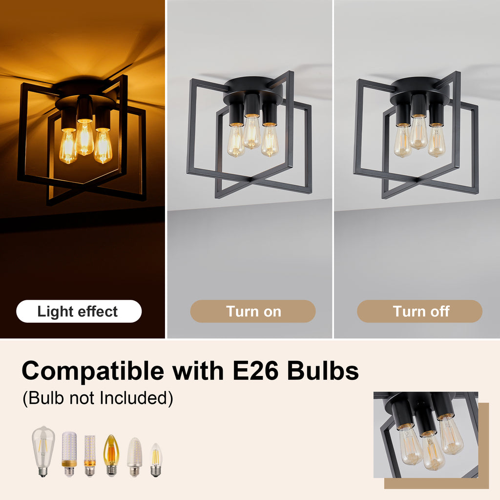 3-Light Semi Flush Mount Ceiling Light, Industrial Black Metal Geometric Square Cage Chandelier, Farmhouse Ceiling Lamp for Bedroom Living Room Hallway Entryway Home Decor