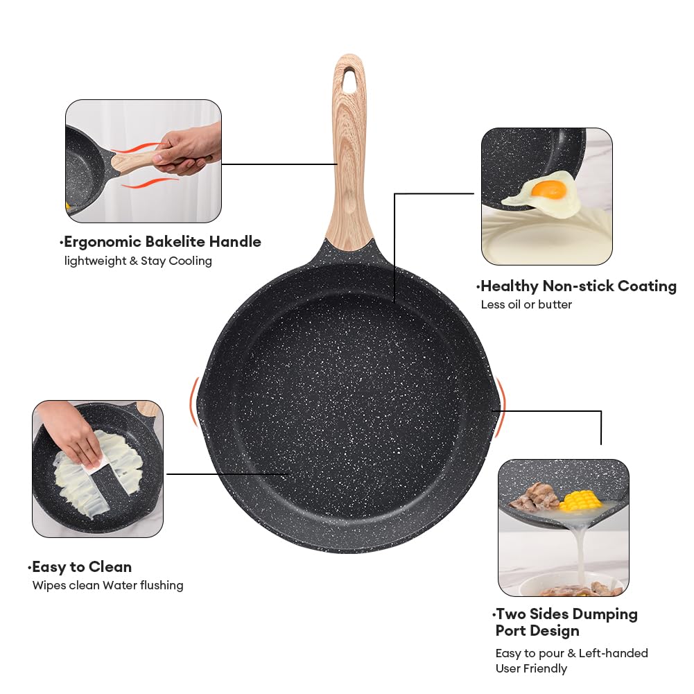 9.5 Inch Nonstick Frying Pan, Stone Coating Cookware Omelette Pan, Heat Resistant Handle, Compatible with All Stoves, Grey