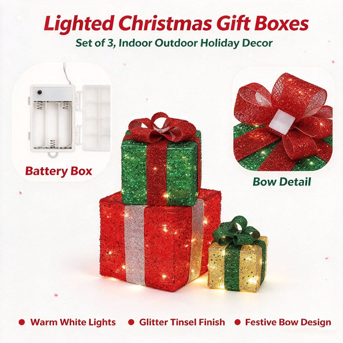 Set of 3 Christmas Lighted Gift Boxes
