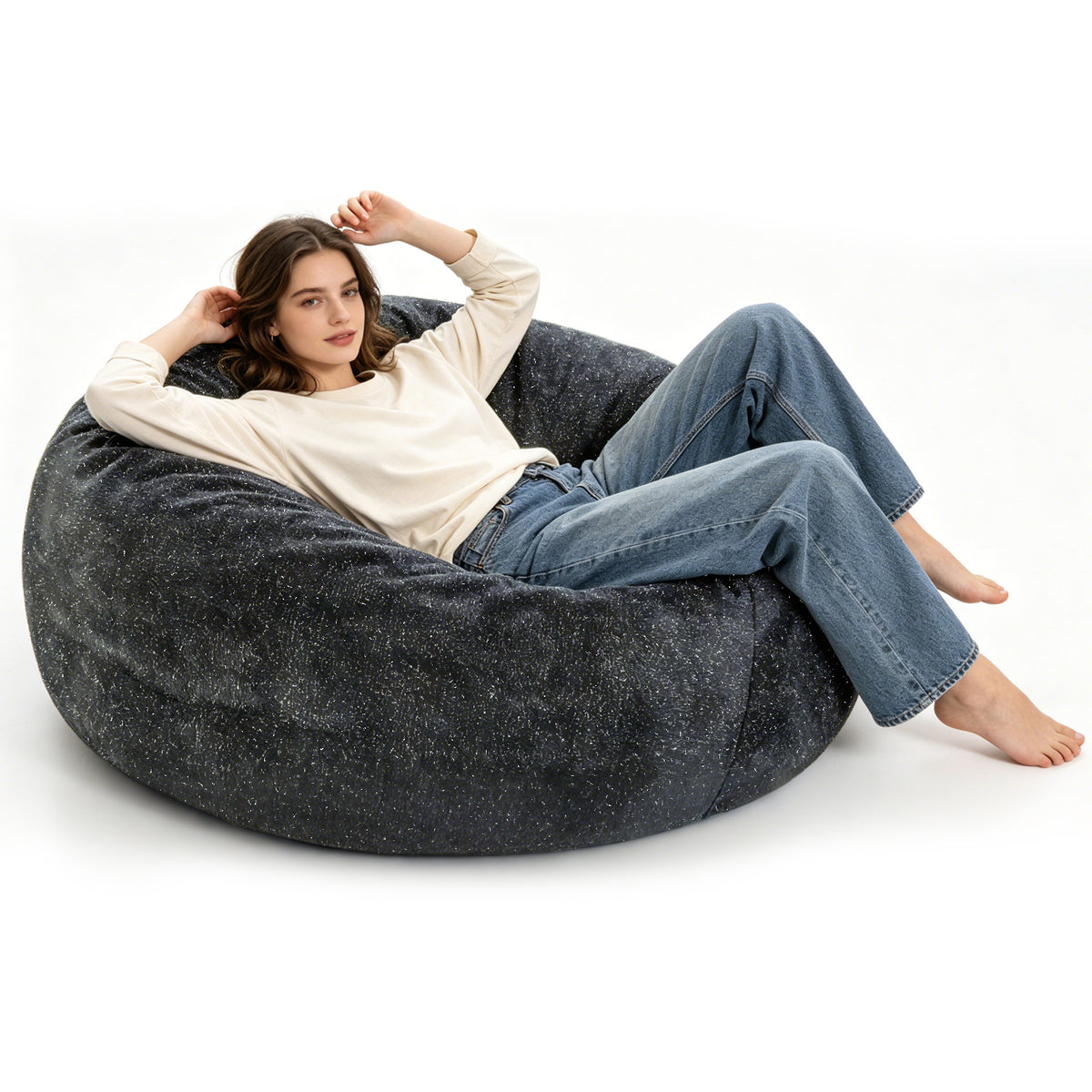 AEELLEEA 6FT Grey Silver Speck Plush Bean Bag Chair, Oversized Round High Density Sponge Beanbag, Removable Zipper Cover for Home Lounge