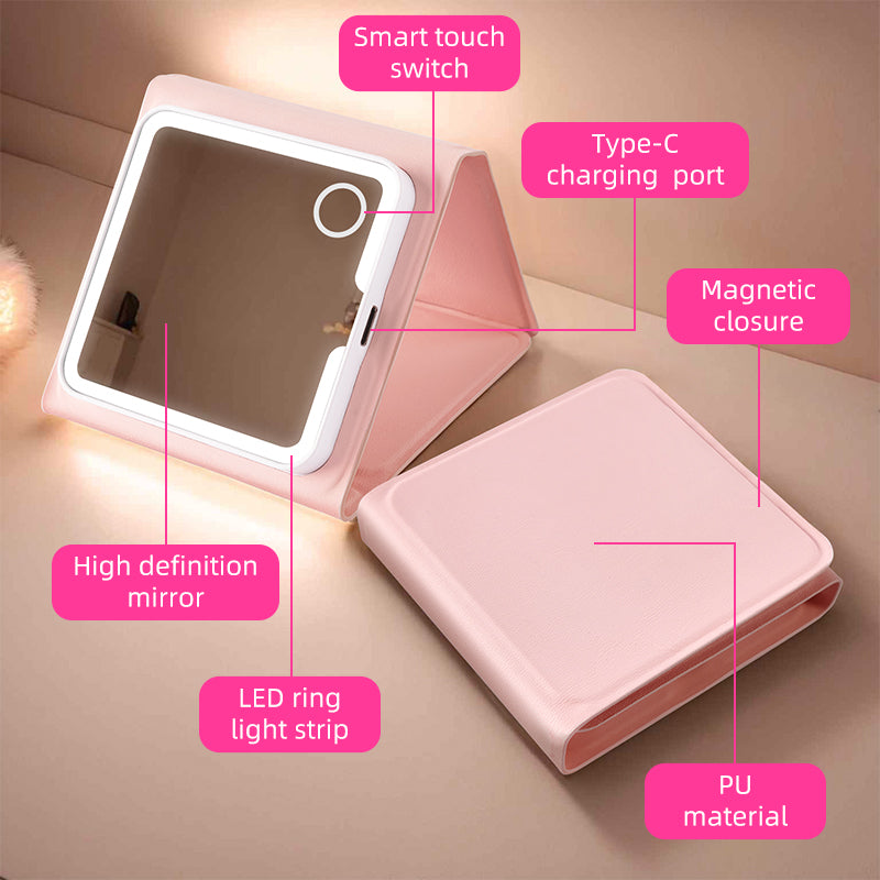 Small Tri-Fold Makeup Mirror with Lights, 10X/5X Magnifying Mirror, Rechargeable Compact Travel Mirror, Dimmable Handheld Vanity Mirror for Purse and Pocket
