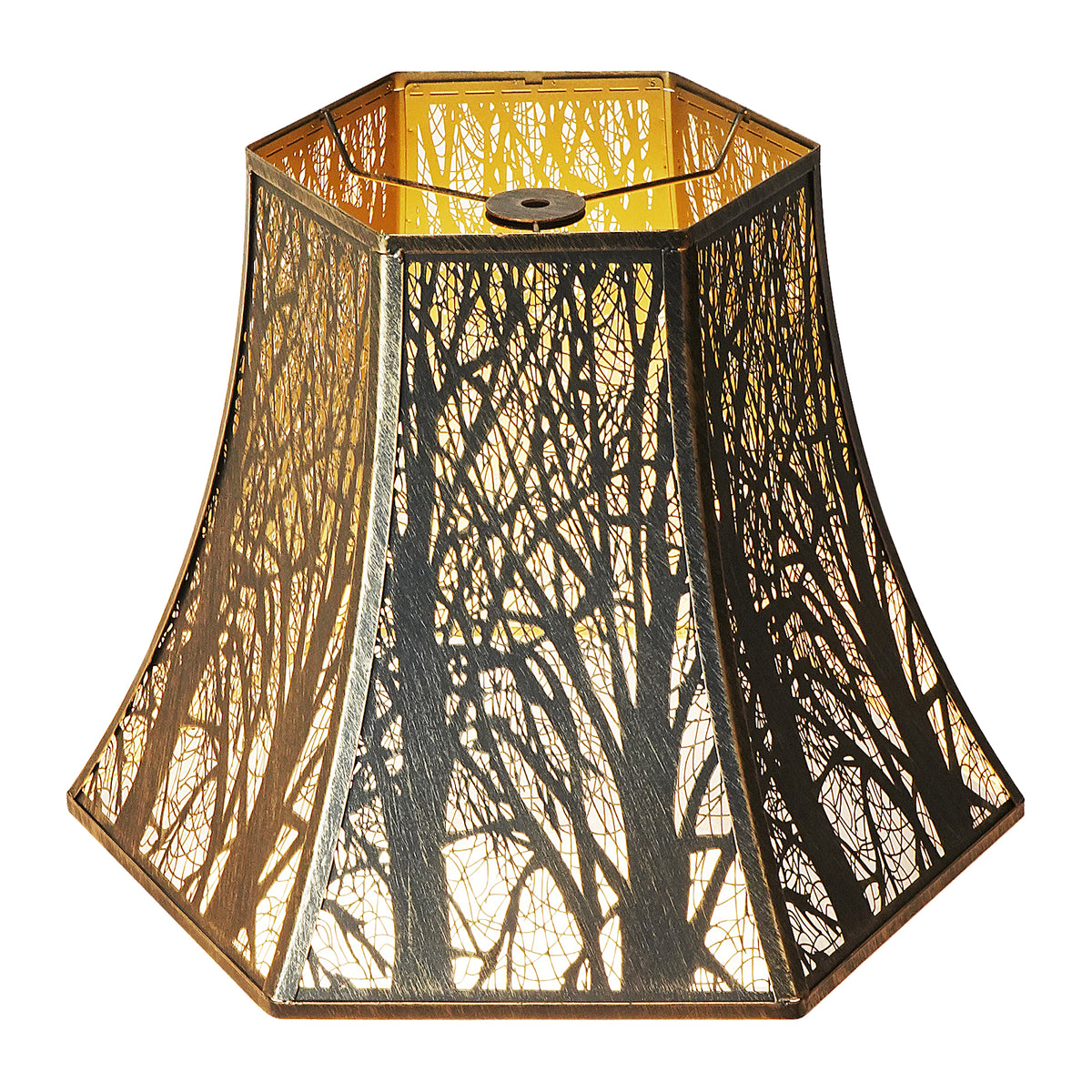 ALUCSET 6.2"×13"×10.8" Hexagonal Lamp Shade, Bronze Gold Forest Tree Etched Metal Lampshade with Spider Fitter for Table & Floor Lamps