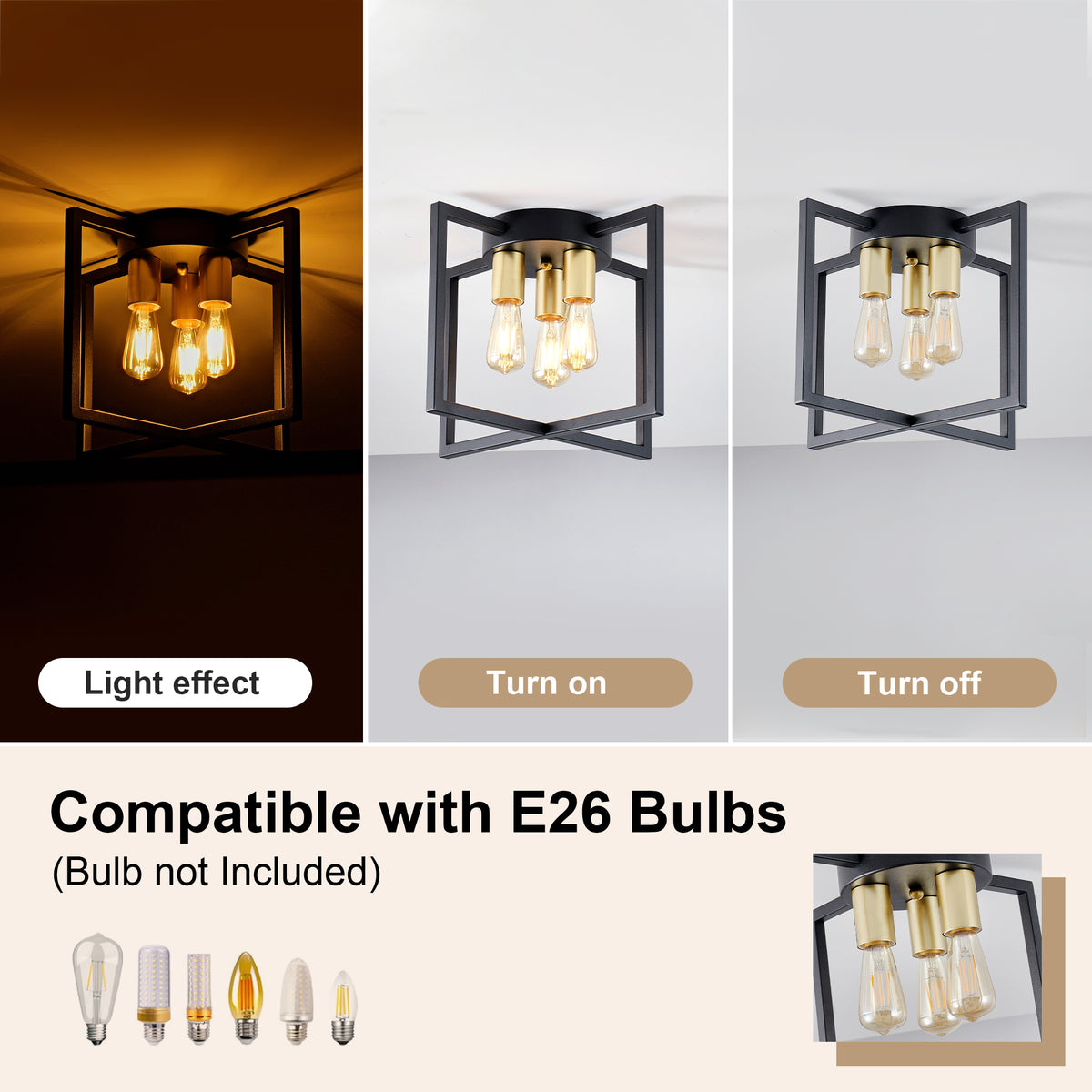 3-Light Semi Flush Mount Ceiling Light, Industrial Black Metal Geometric Square Frame with Gold Socket, Farmhouse Ceiling Lamp for Bedroom Living Room Hallway Entryway Home Decor