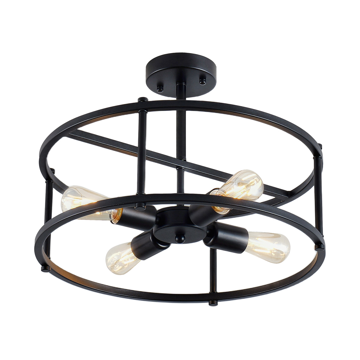 4-Light Semi Flush Mount Ceiling Light, Industrial Black Metal Circular Frame Cage Chandelier, Farmhouse Ceiling Lamp for Bedroom Living Room Hallway Entryway Home Decor