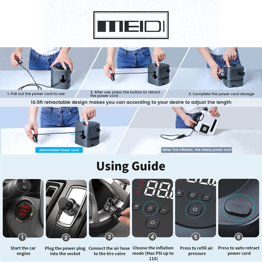 Portable Car Tire Inflator Air Compressor, 110 PSI Fast Inflation Air Pump with Digital LED Display, Auto Shut-Off, Retractable Power Cord and Emergency LED Light