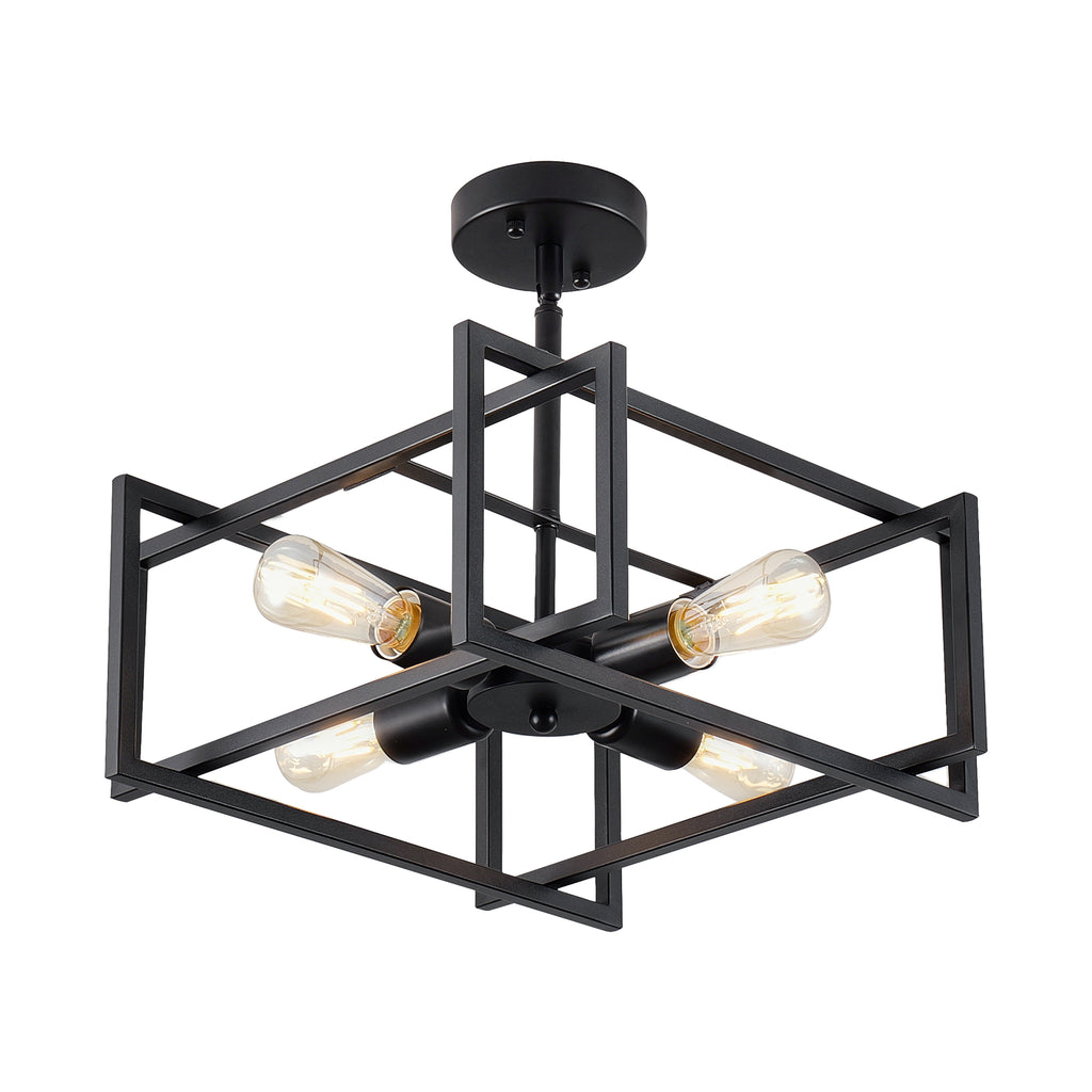 4-Light Semi Flush Mount Ceiling Light, Industrial Black Metal Square Cage Chandelier, Farmhouse Geometric Ceiling Lamp for Bedroom Living Room Hallway Entryway Home Decor
