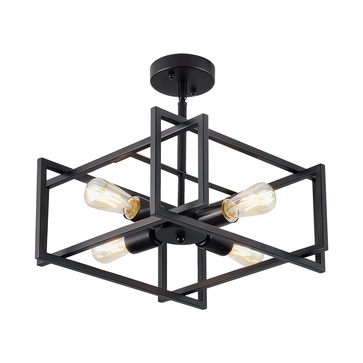 4-Light Semi Flush Mount Ceiling Light, Industrial Black Metal Square Cage Chandelier, Farmhouse Geometric Ceiling Lamp for Bedroom Living Room Hallway Entryway Home Decor