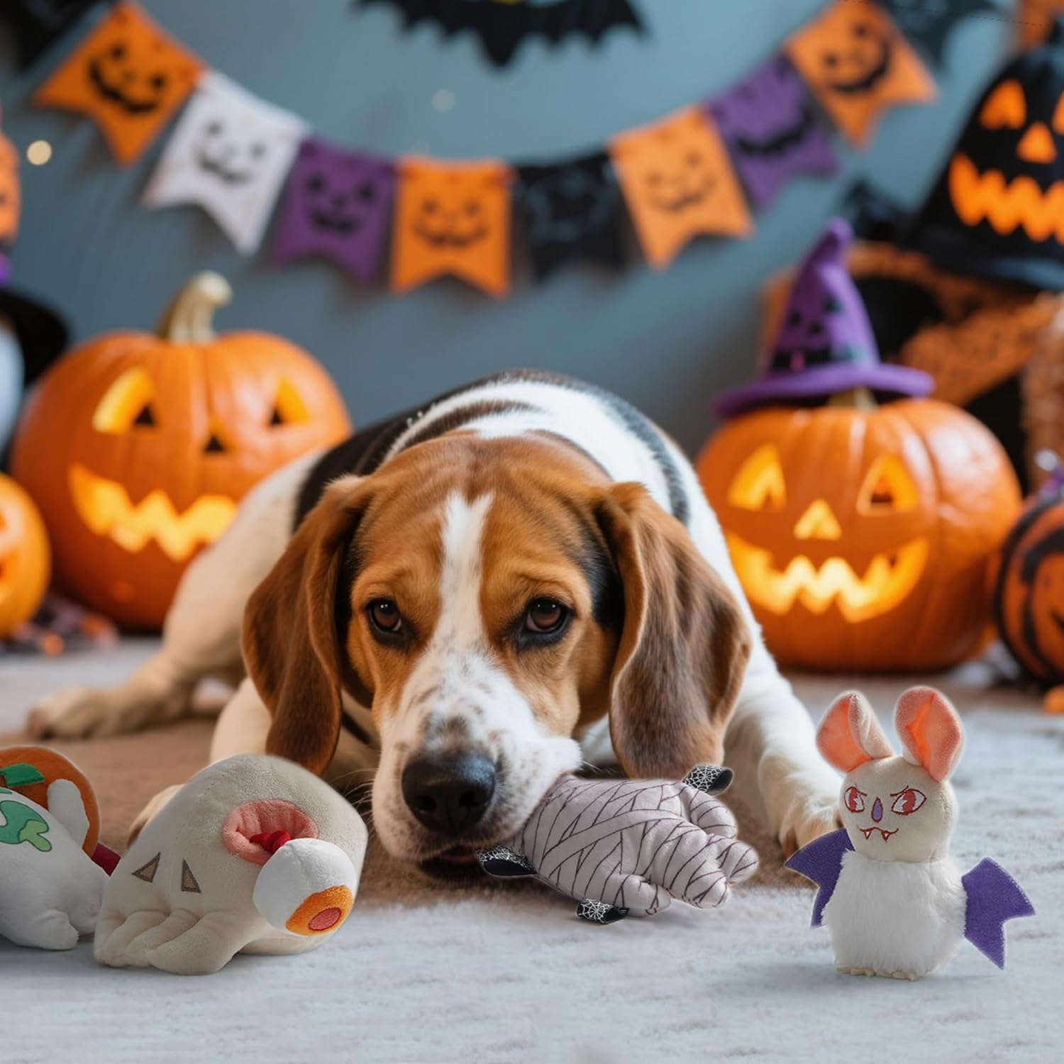 10PC Halloween Dog Toys Set, Creepy-Theme Puppy Enrichment Small Dog Toys Squeaky & Crinkle Funny Plush Stuffed Chew Toys Bundle for with Pumpkin, Skeleton, Mummy, Bat & More