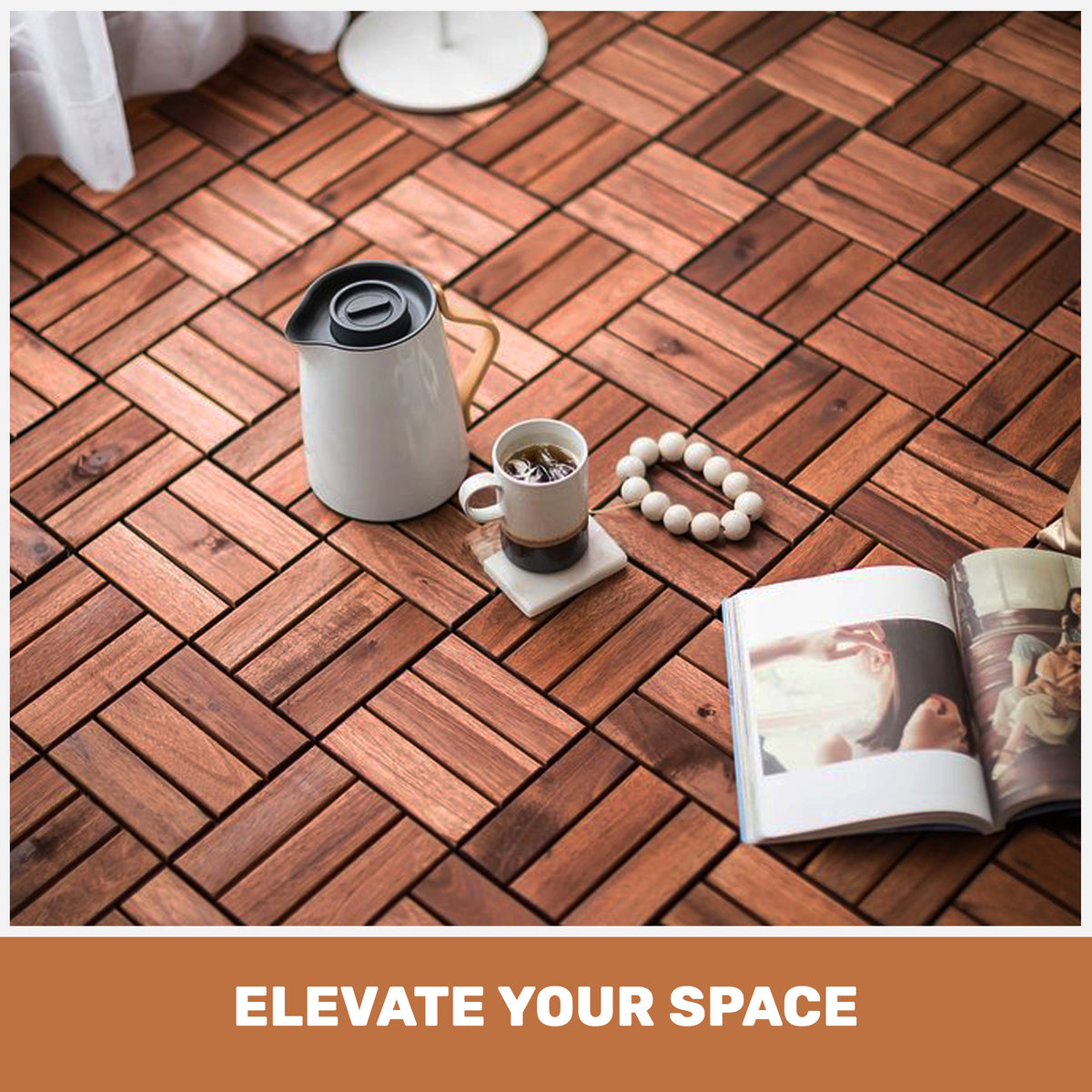 AEELLEEA Acacia Wood Interlocking Deck Tiles, 20 Pack 12"×12" Waterproof Checker Patio Flooring Tiles for Balcony Poolside