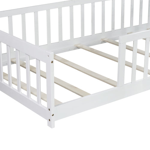 AEELLEEA Twin Size Montessori Floor Bed with Guardrails, Wooden Kids Bed Frame with Slats and Low Entry, White