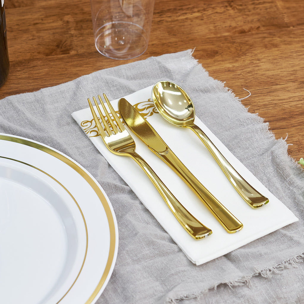 350Pcs Gold Disposable Dinnerware Set for 50 Guests, White Plastic Plates with Gold Rim, Cups, Gold Cutlery, Heavy‑Duty Party Supplies for Wedding Birthday Banquet