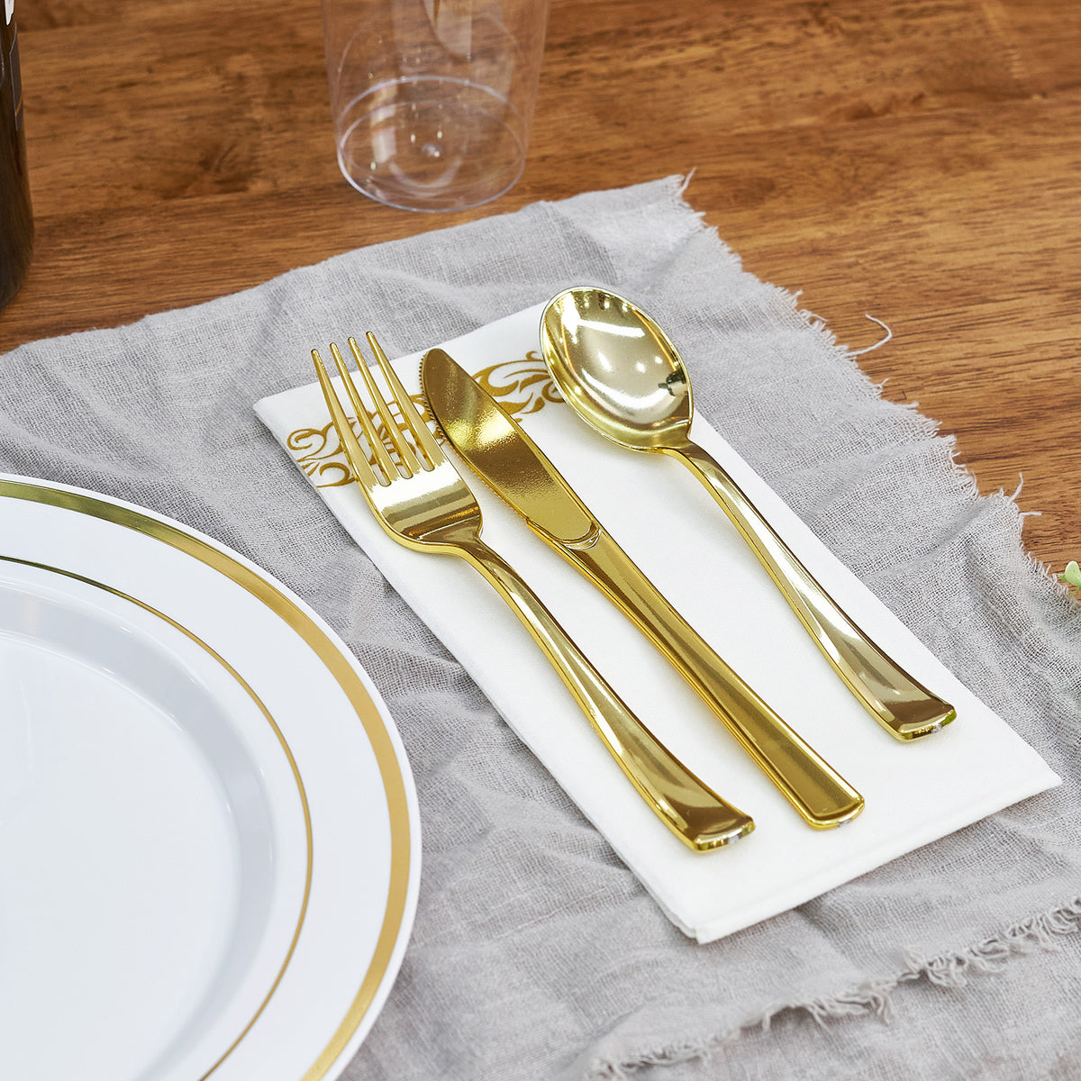 350Pcs Gold Disposable Dinnerware Set for 50 Guests, White Plastic Plates with Gold Rim, Cups, Gold Cutlery, Heavy‑Duty Party Supplies for Wedding Birthday Banquet