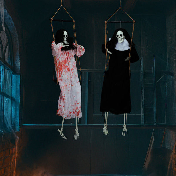 Aeelleea Outdoor Halloween Decorations 2 Packs Hanging Ghosts Decor with Lighted Up Eyes and Horror Scream