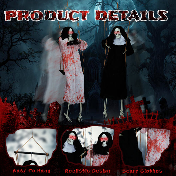 Aeelleea Outdoor Halloween Decorations 2 Packs Hanging Ghosts Decor with Lighted Up Eyes and Horror Scream
