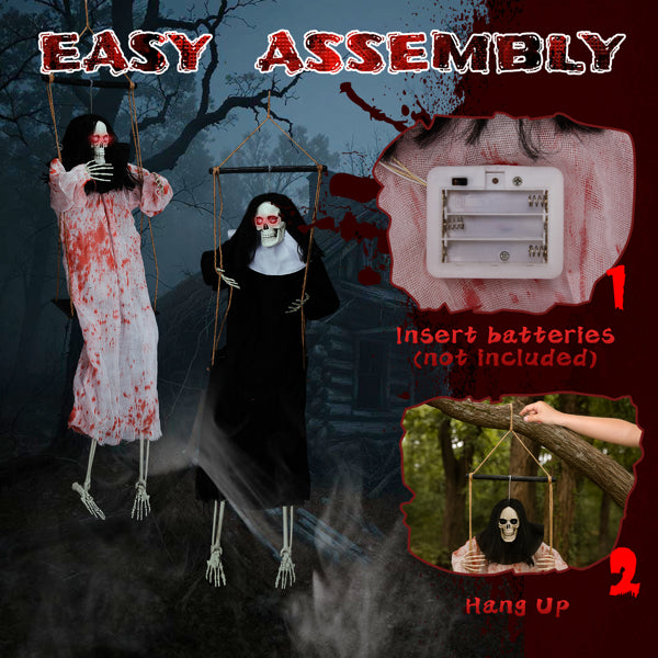 Aeelleea Outdoor Halloween Decorations 2 Packs Hanging Ghosts Decor with Lighted Up Eyes and Horror Scream