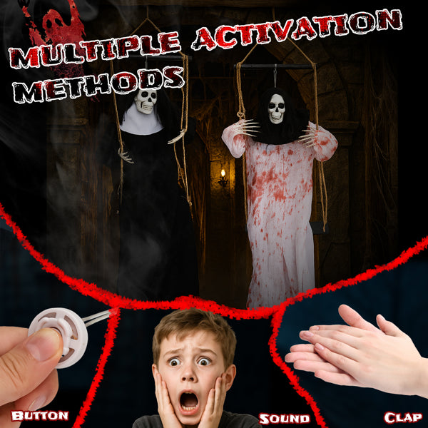 Aeelleea Outdoor Halloween Decorations 2 Packs Hanging Ghosts Decor with Lighted Up Eyes and Horror Scream