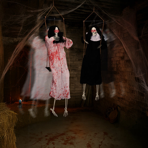 Aeelleea Outdoor Halloween Decorations 2 Packs Hanging Ghosts Decor with Lighted Up Eyes and Horror Scream