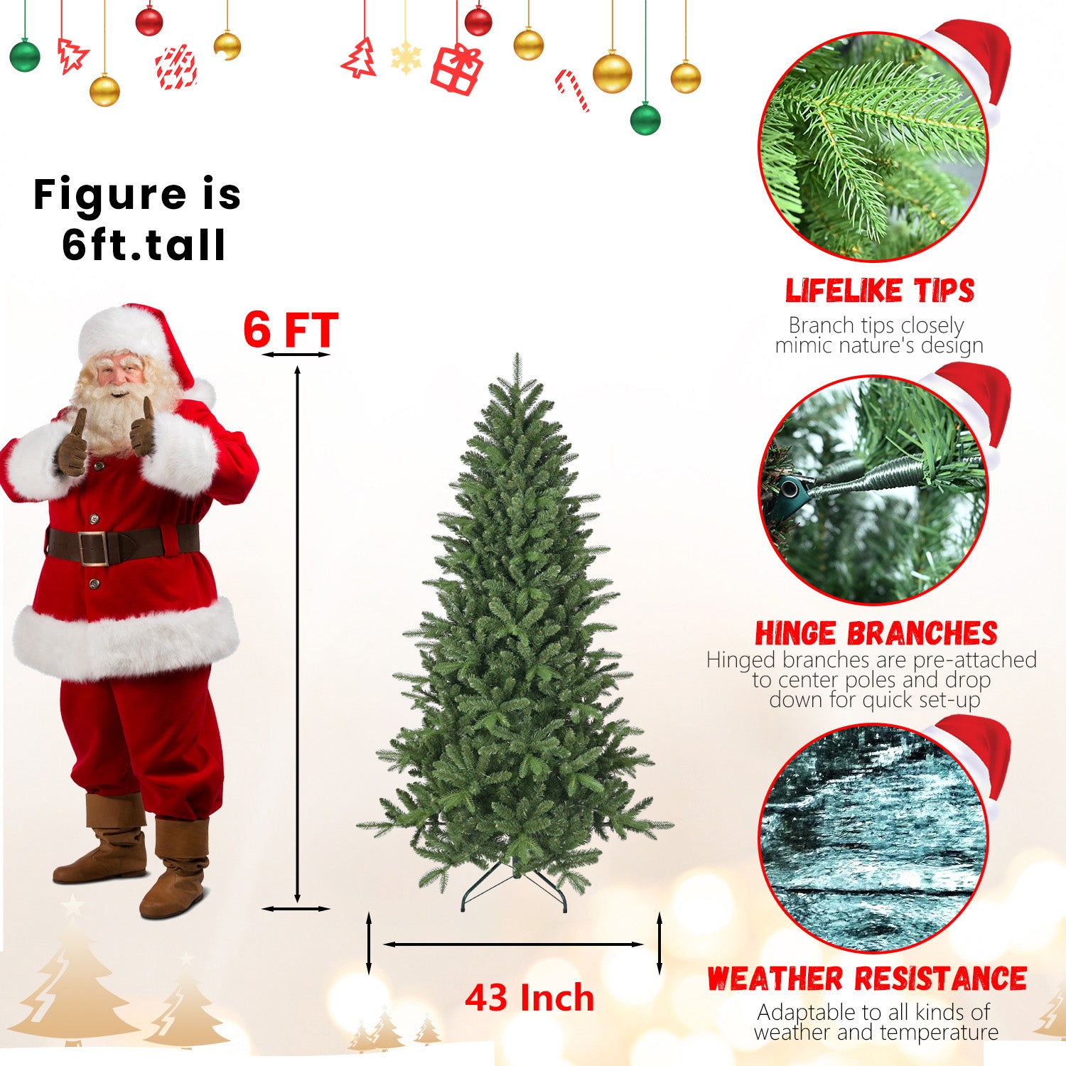 6FT Realistic Artificial Christmas Tree - Full & Lush Hinged Design with PE+PVC Needles, 1168 Branch Tips, Easy-Assembly Holiday Tree with Sturdy Metal Stand for Indoor Decor