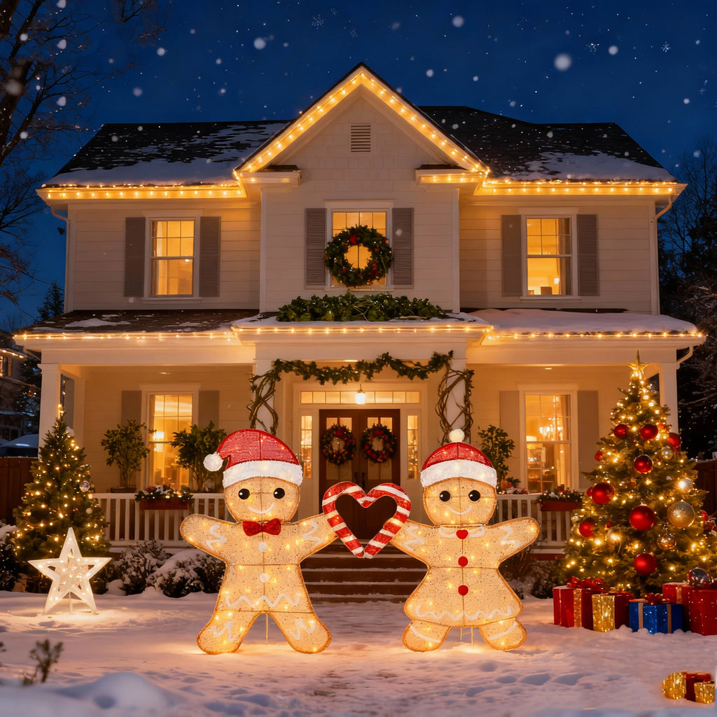 32"H 2 Boxes Heart-Shaped Gingerbread Men String Lights (50+50), Warm White Leather Line, Holiday Decoration. Add warmth & joy to home/office, enhance festive atmosphere.