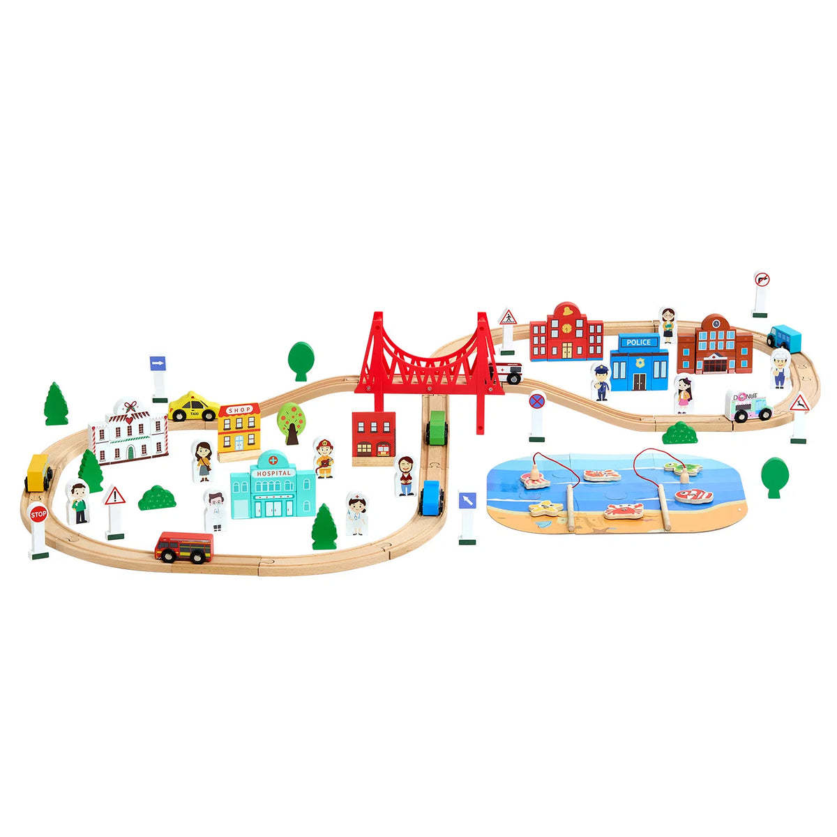 113 PCS Wooden Train Set for Kids Ages 3-8, City Railway Track Toy with Storage Box, Beechwood, Birthday Gift for Boys and Girls