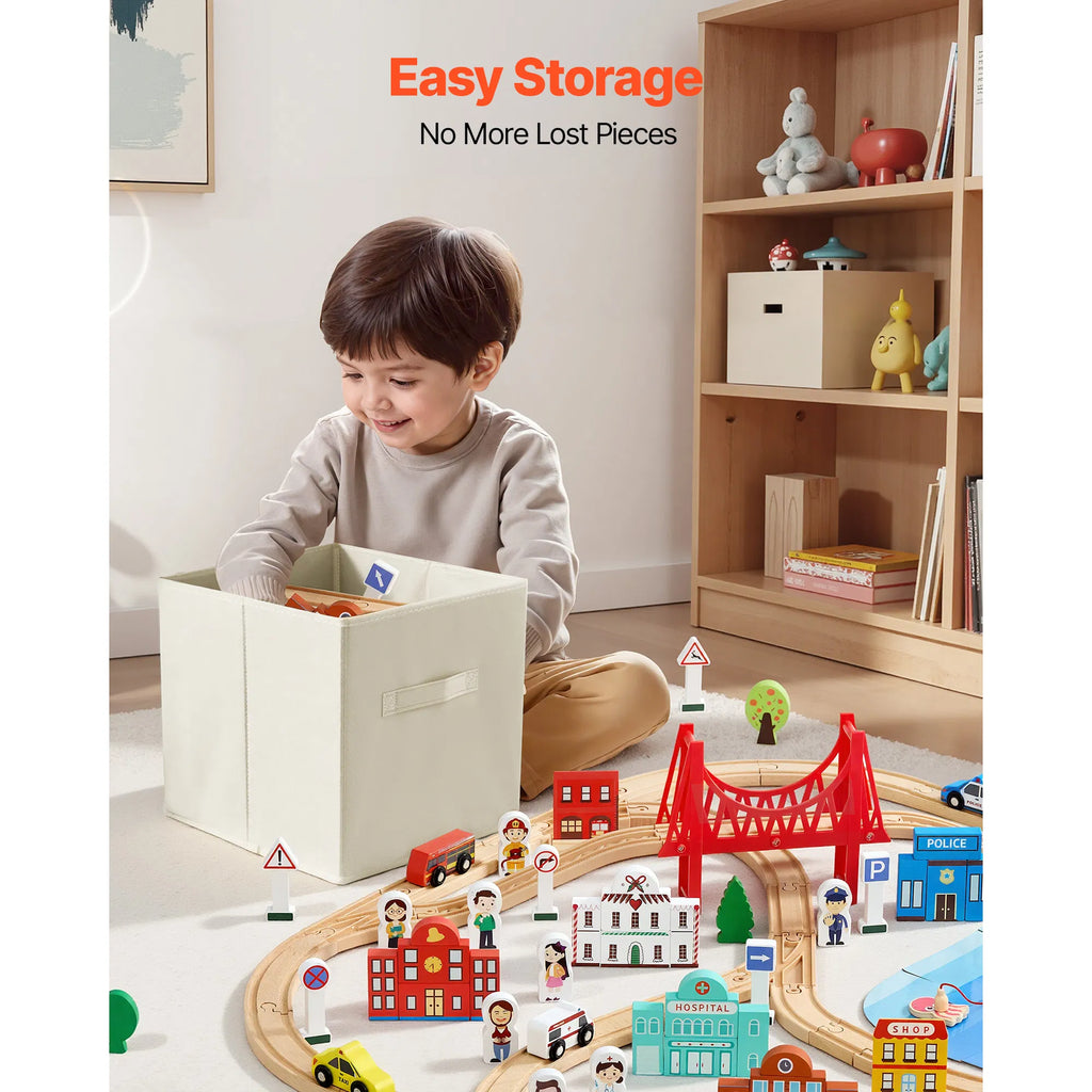 113 PCS Wooden Train Set for Kids Ages 3-8, City Railway Track Toy with Storage Box, Beechwood, Birthday Gift for Boys and Girls