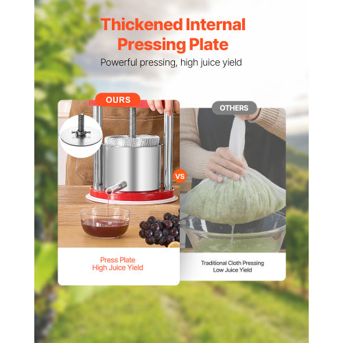 0.44 Gal / 1.65L Manual Fruit Wine Press, Stainless Steel Juice Press with T-Handle, Apple Grape Cider