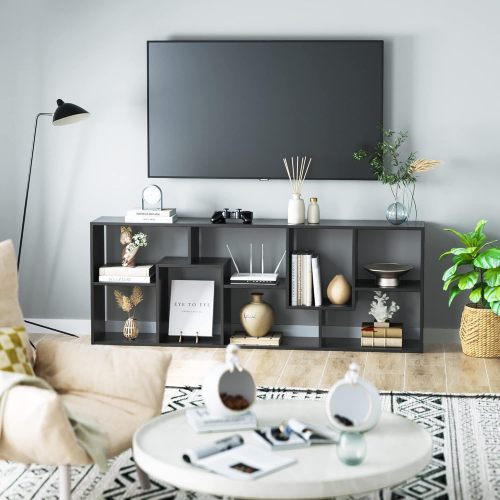 AEELLEEA 71-Inch Geometric Bookcase, Modern Black Open Display Bookshelf with Multiple Storage Shelves