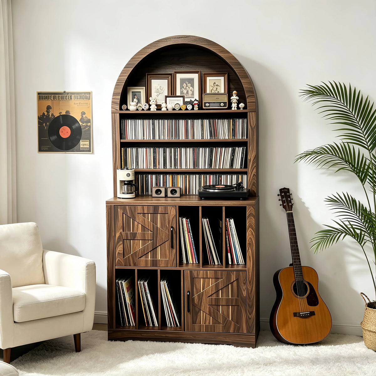 AEELLEEA Arched Vinyl Record Storage Cabinet, Tall Mid-Century Turntable Stand with Doors, Holds 400 LPs, Media Shelf for Living Room